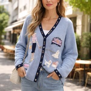 Storybook Knits Novelty Embroidered Cardigan Dog Walking Paris Chic Sweater 2X